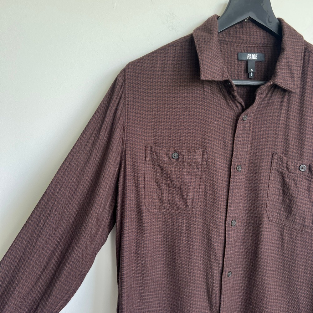 PAIGE Men's Everett Brown Houndstooth Button Down Shirt Caffeine Size Small - Picture 5 of 9